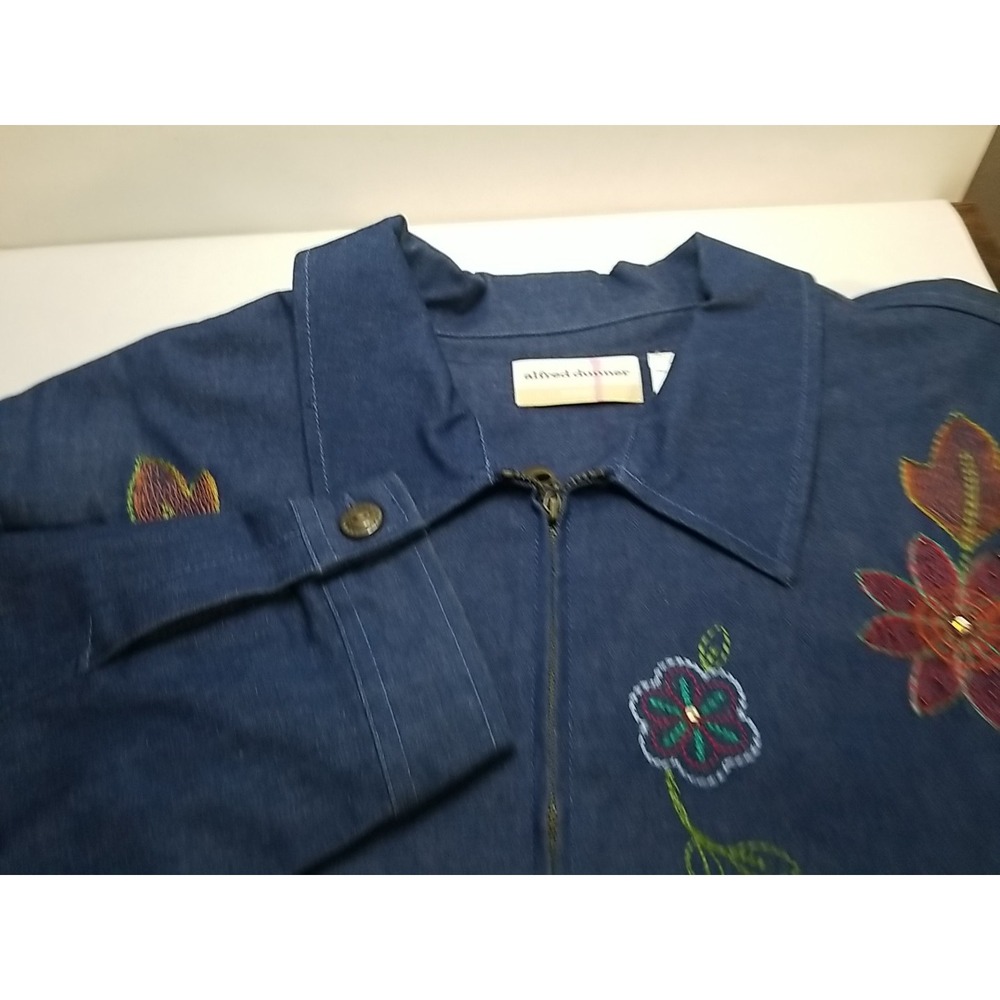 Alfred Dunner Womens Floral Embroidered Full Zip Denim Jacket Blue Size 24W